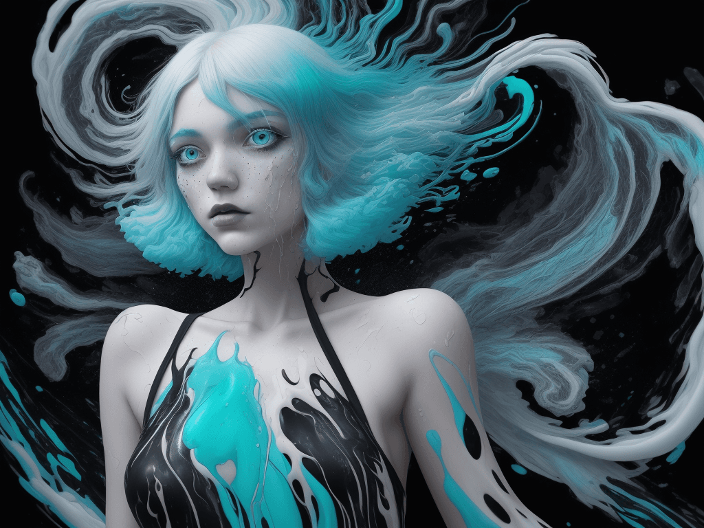 AI generated: https://s. mj. run/VnhTCG9d4Mc a black background with a woman with opalescent hair, in the style of...