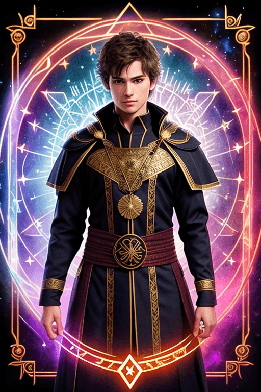 AI generated: a hero whose costume is adorned with intricate arcane symbols and glowing runes, representing their ...