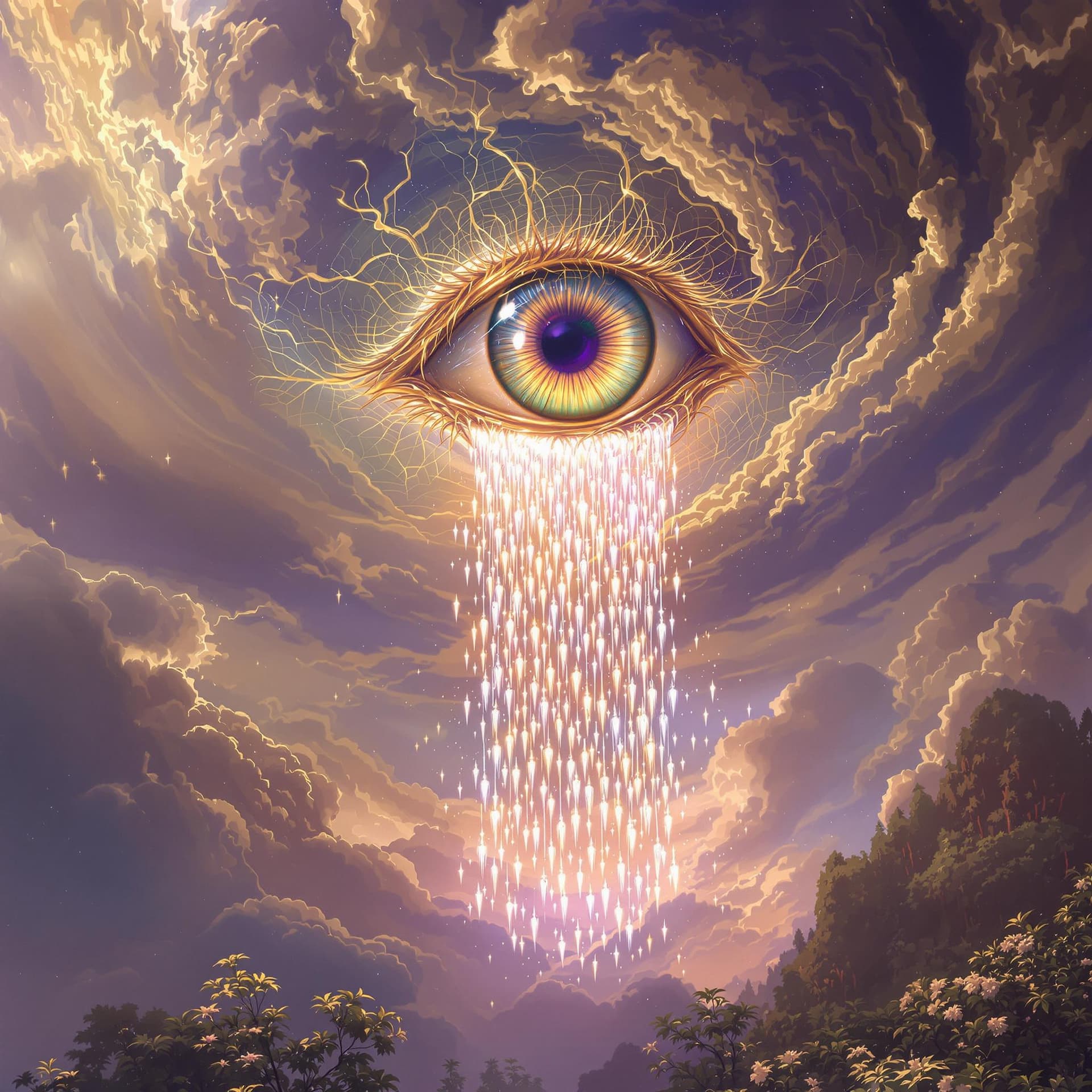 AI generated: A massive, living eye, hundreds of meters across (1.5), floats in the restless sky, its organic surf...