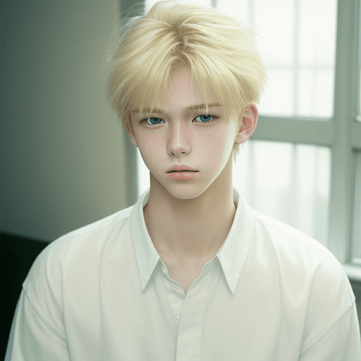 AI generated: A handsome boy, 20-year-old, blond hair, white shirt, lonely, dreamy, soft light, simple, Fuji style