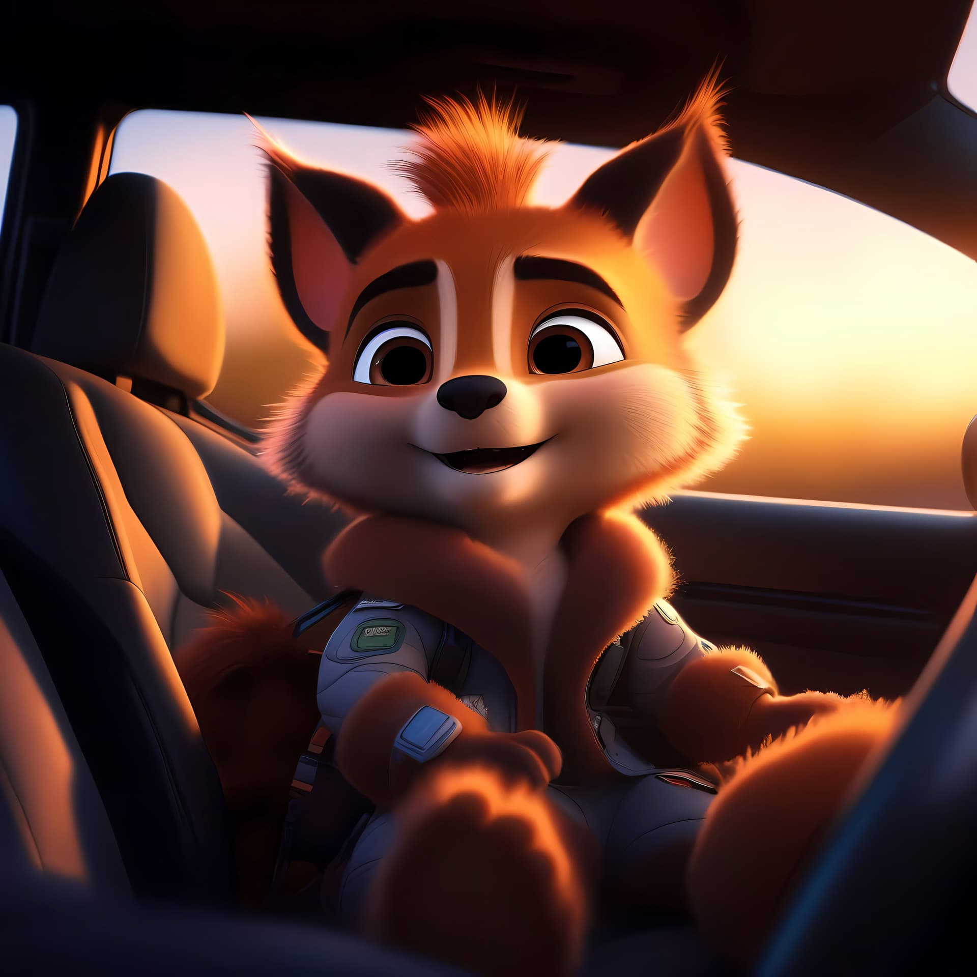AI generated: sitting on the back seat of a car, at sun rise, a cute warrior, cute, photo shooting, highly detaile...