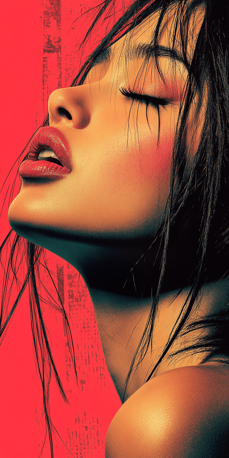 AI generated: An album cover featuring a woman's face in the style of pink halftone, high contrast against a black...