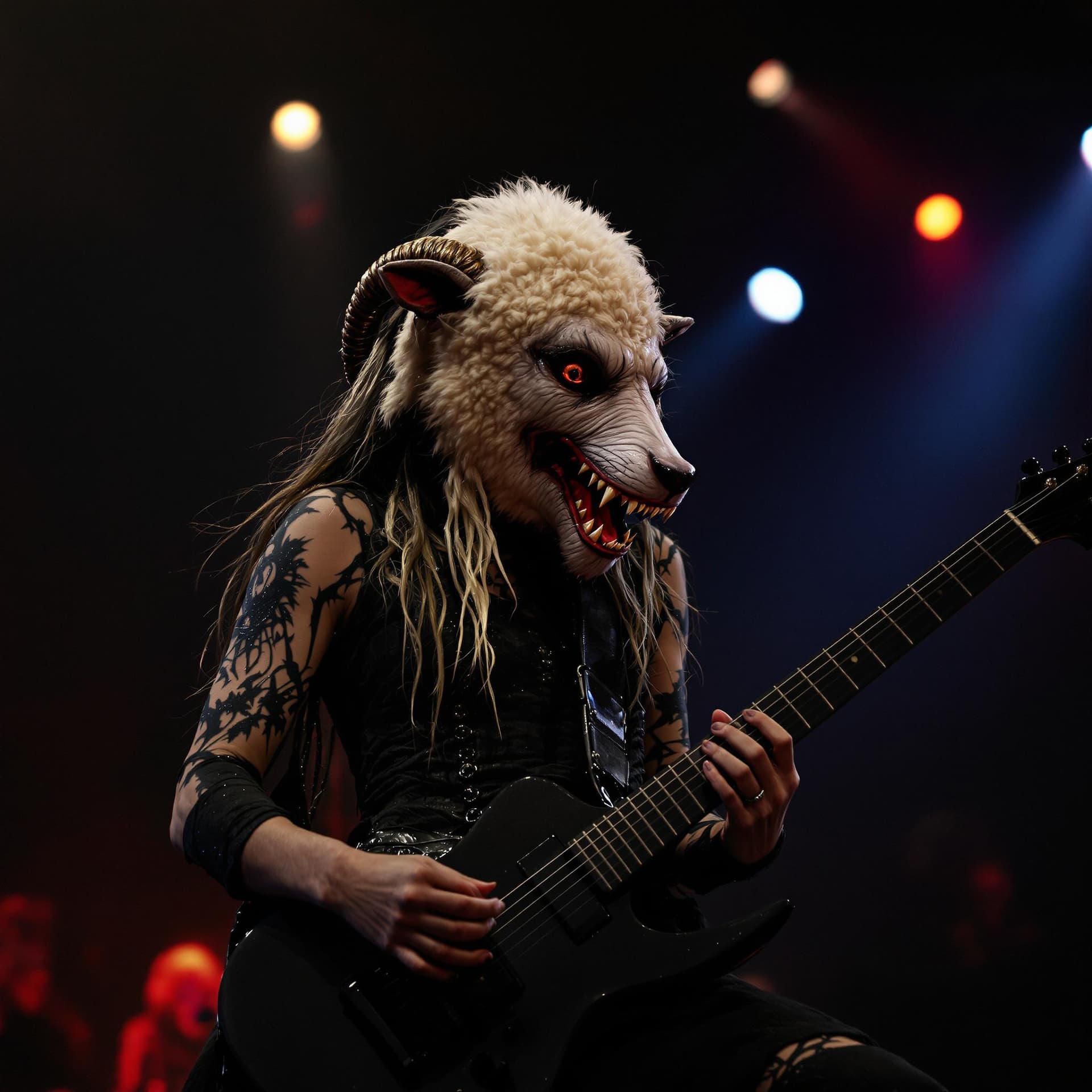 AI generated: A gothic female metal guitarist unveils a wolf, removing a sheep mask, in a dimly lit concert hall, ...