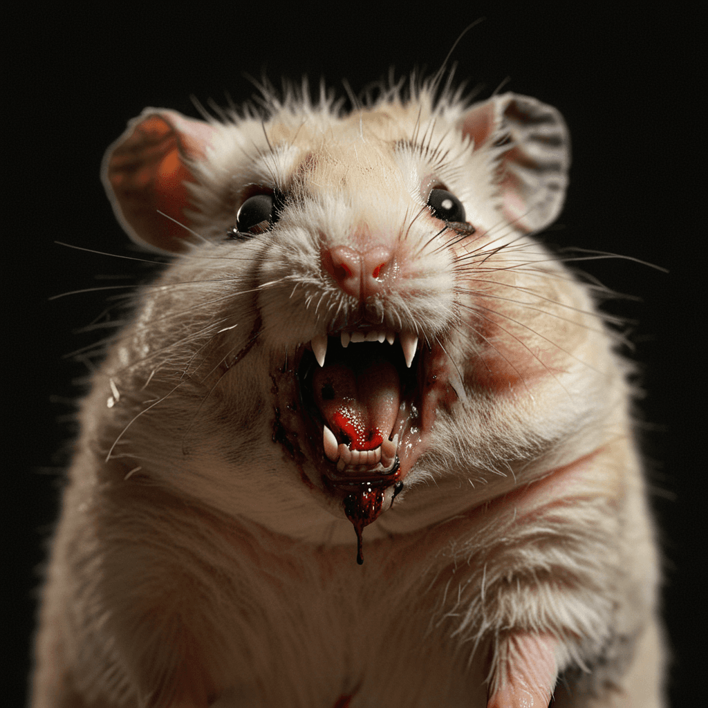 AI generated: realistic creepy old hamster, natural light, high detail skin, creepy setting, horror, open mouth wi...