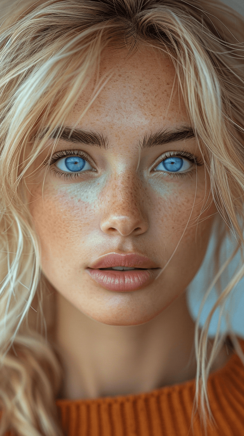 AI generated: a blonde woman with blue eyes, in the style of natural, timeless beauty, 32k uhd, blink-and-you-miss...