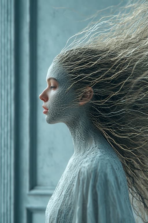 AI generated: A serene portrait of a woman with a clay mask covering her face and upper body, her eyes closed in p...