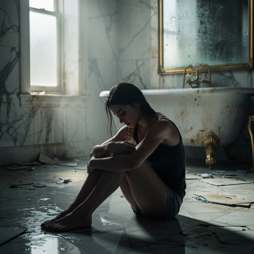 AI generated: "Beautiful 25-year-old nude woman sitting on cold marble floor in an abandoned luxurious bathroom, k...