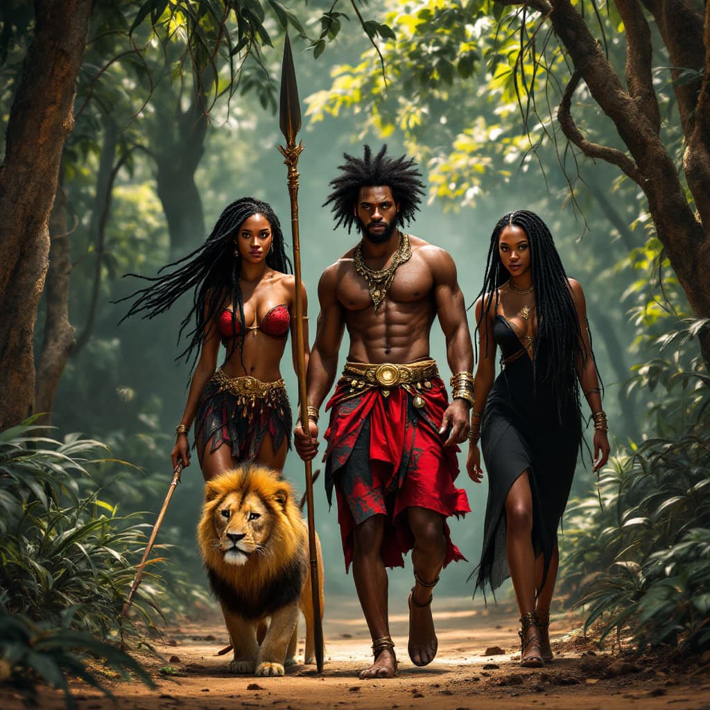 AI generated: 
a black man in a red and black skirt and gold belt holding a spear standing in the middle, a black ...
