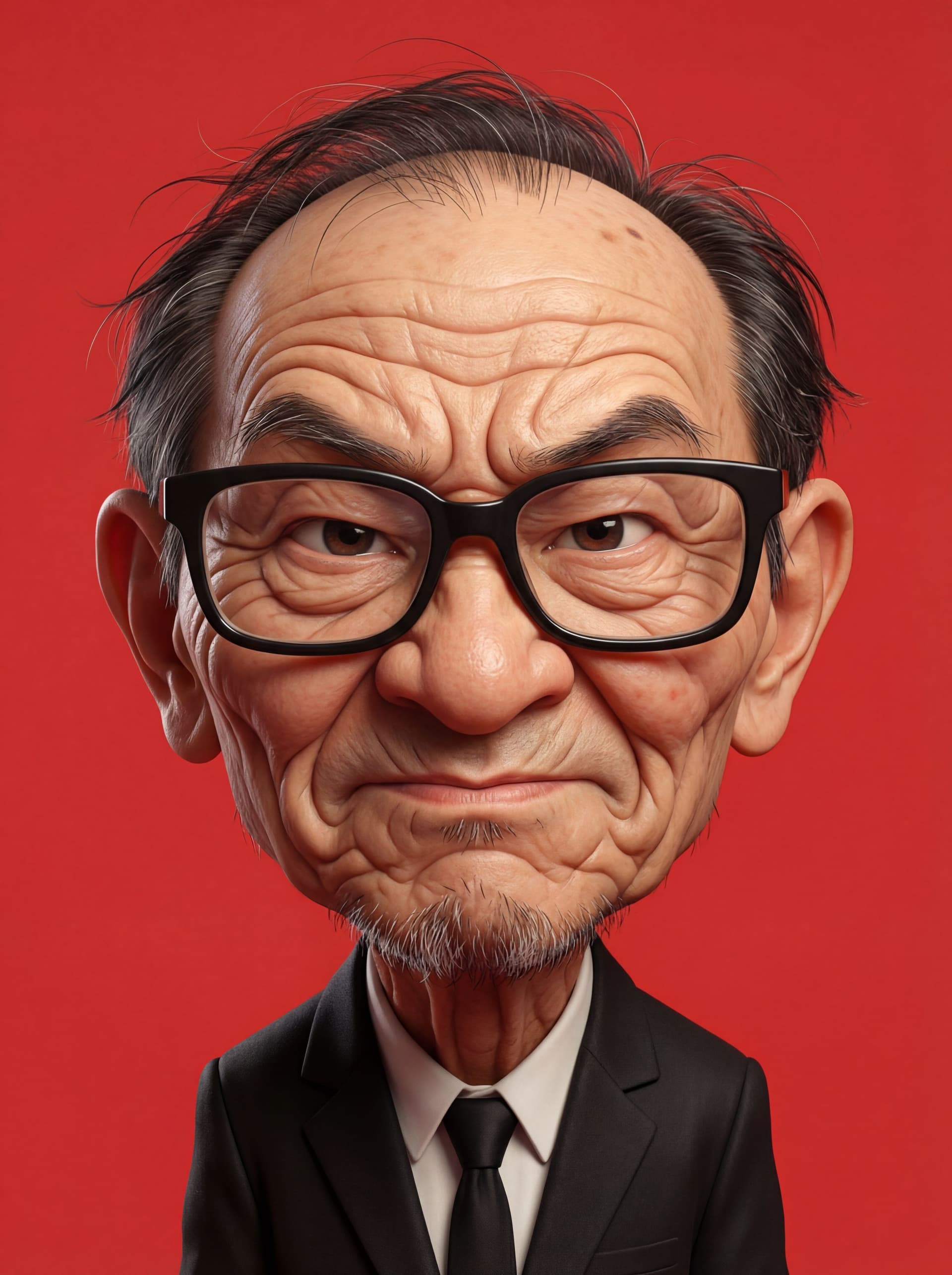 AI generated: Expressive caricature in pixar style unreal charming seemingly mischievous irritated very old man wi...