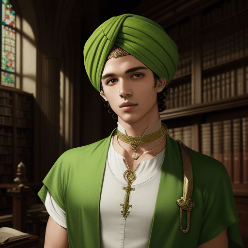 AI generated: portrait of a male cleric inside a temple library, short curly hair, lime colored clothes, lime colo...