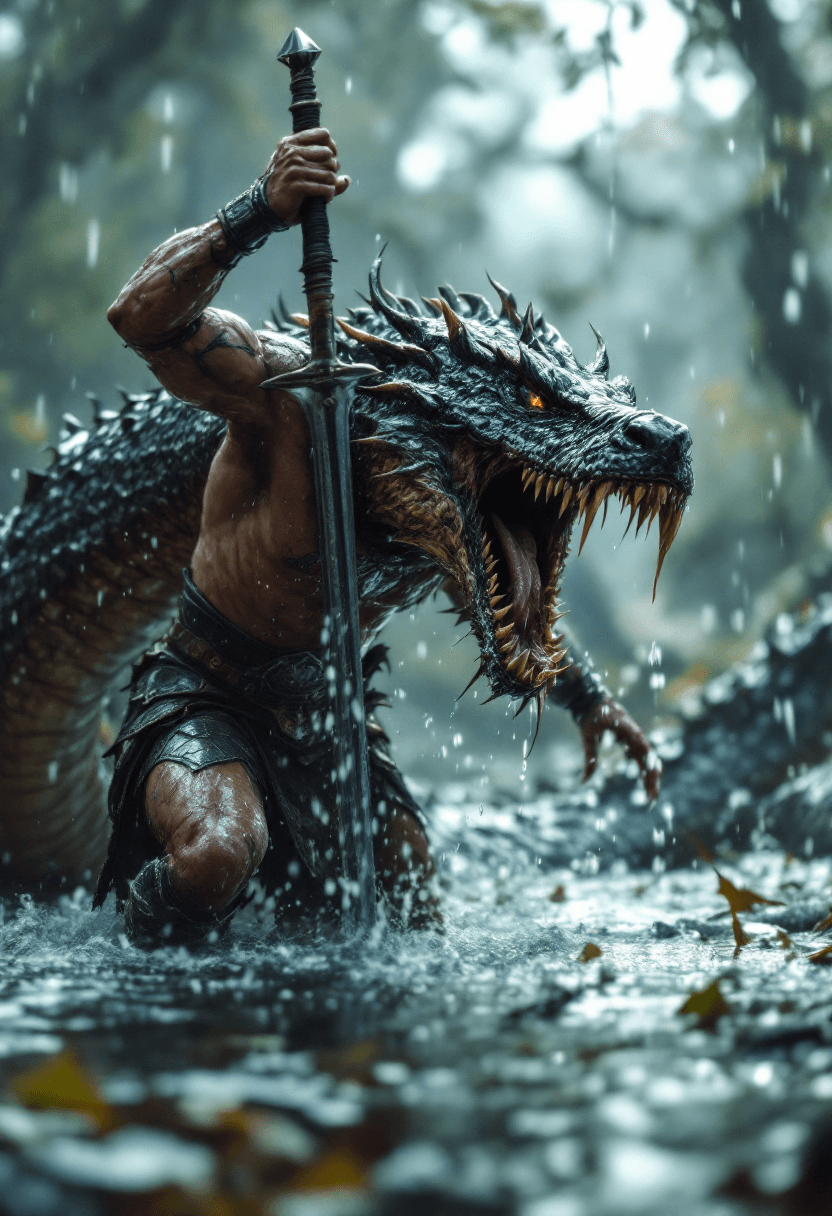 AI generated: hyper-realistic action photograph of a barbarian beheading a giant serpent in a swamp, the barbarian...