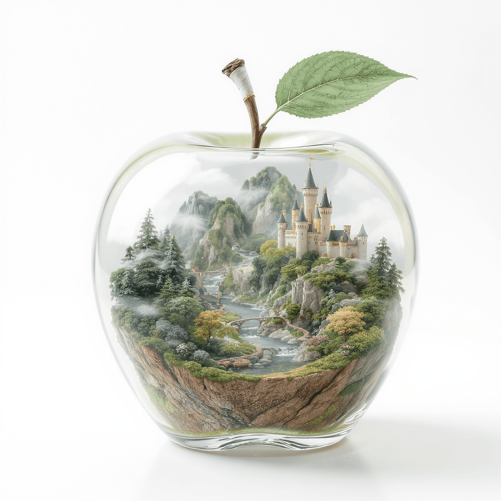 AI generated: A hyper-realistic image of a clear glass apple, with intricate details of a miniature fantasy world ...