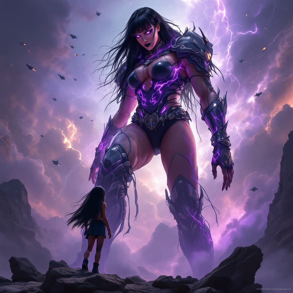 AI generated: enormous giantess female Rhea Ripley from WWE with black medium length hair and straight bangs, bigg...