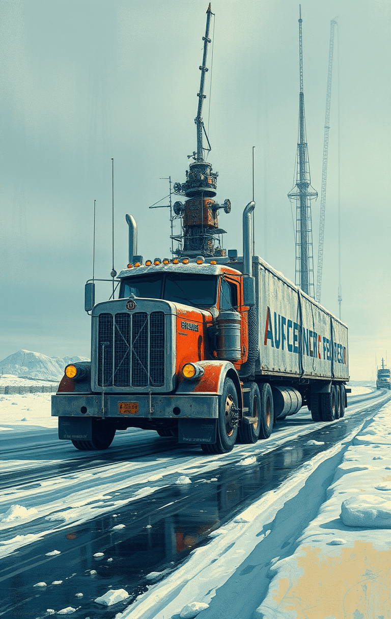 AI generated: Iceroad trucker, dieselpunk, biopunk, dreampunk, fractal art, surreal, cubistic art, painterly, styl...