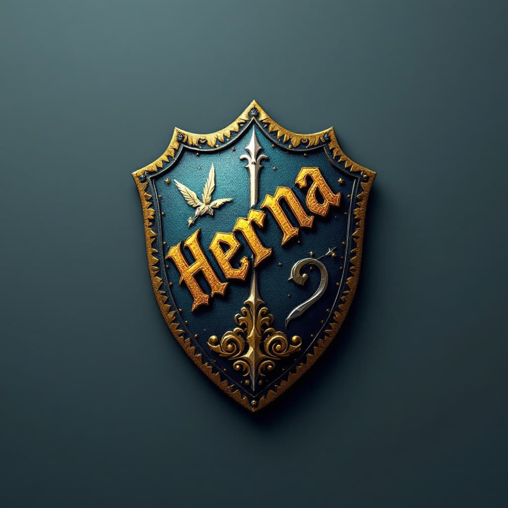 AI generated: hernan 3D em letras coloridas com um escudo ao fundo feito de madeira medieval