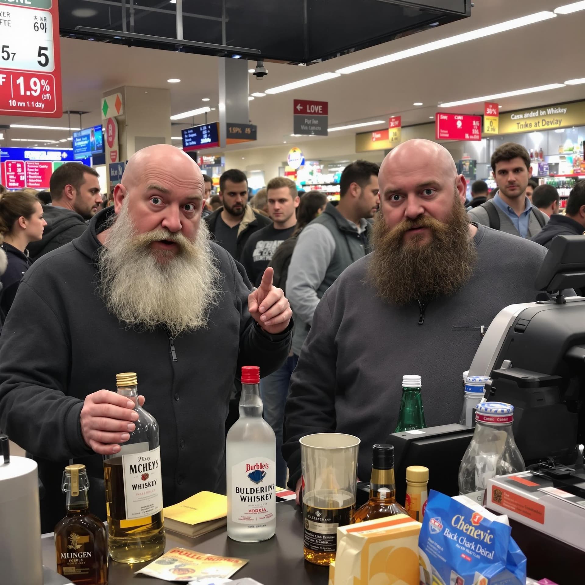 AI generated: In the photo, we see two beardless men, alcoholics with vodka and whiskey on the cash register, look...
