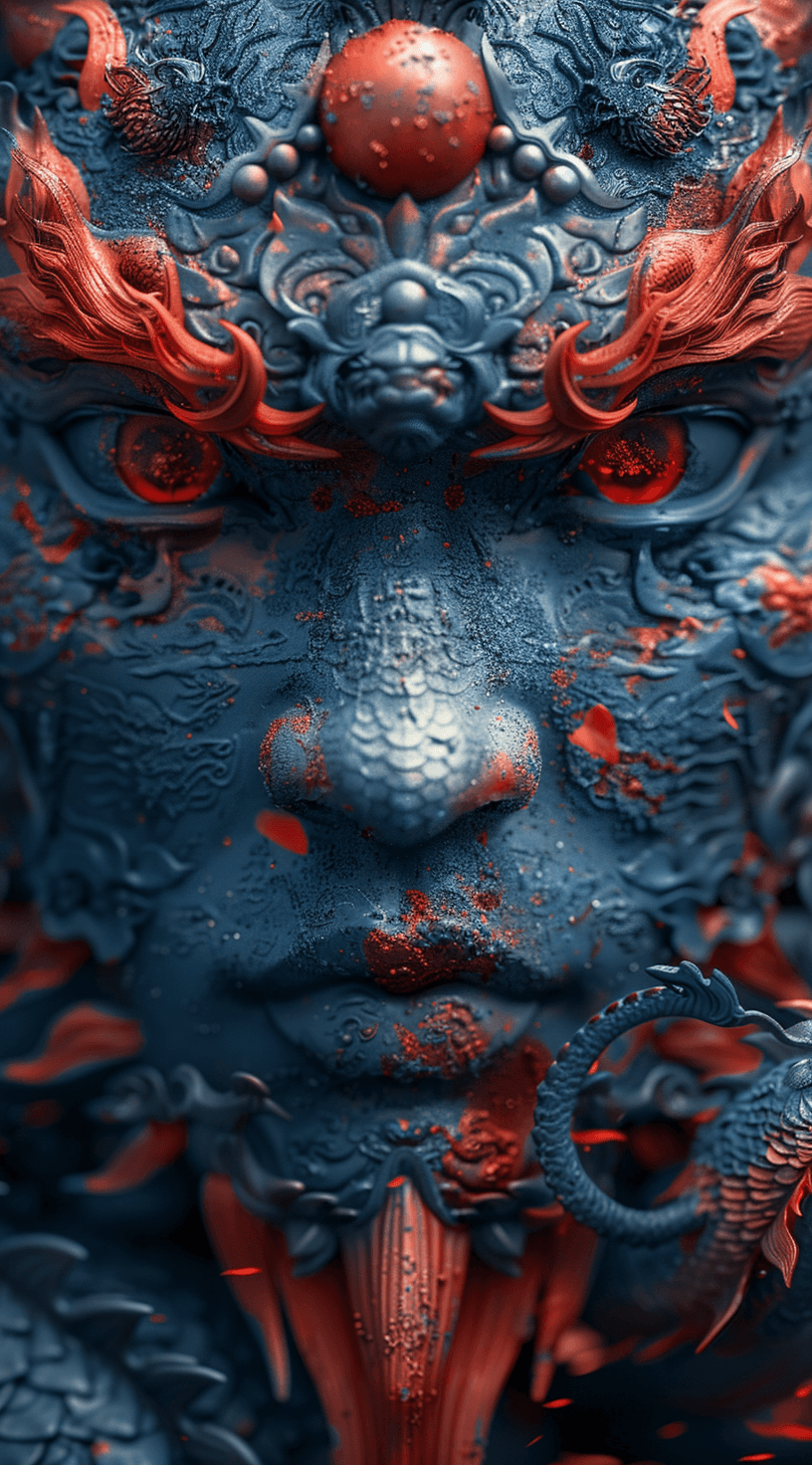 AI generated: face of a man in red on a dark background, in the style of unique yokai illustrations, bronze and bl...