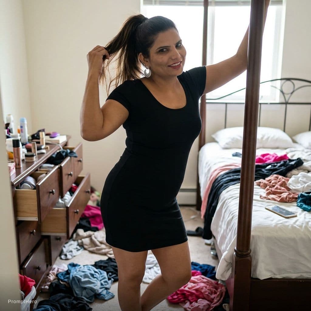 AI generated: teasing, wearing a mini dress, standing seductive pose in a messy bedroom, ponytail hairstyle