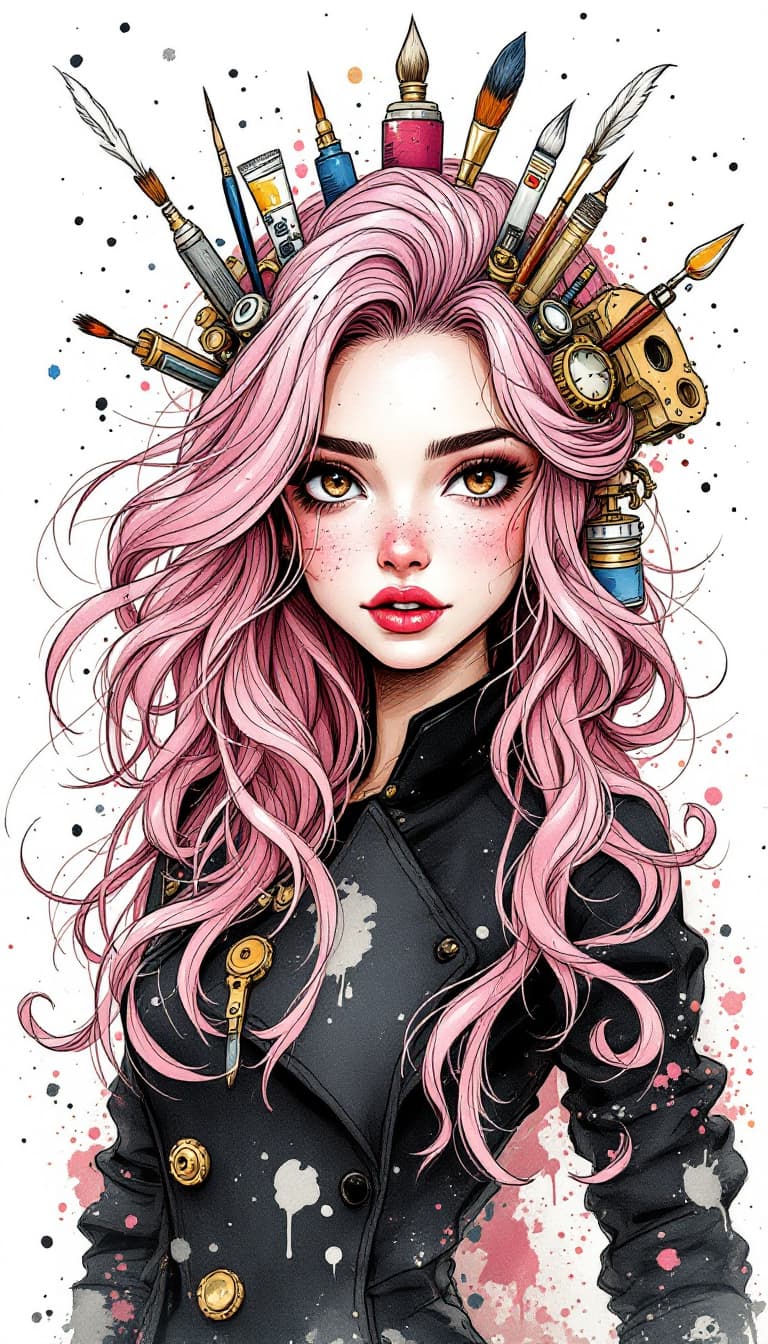 AI generated: A steampunk era ink illustration with messy lines and ink bleed. A woman with long, flowing, pink ha...