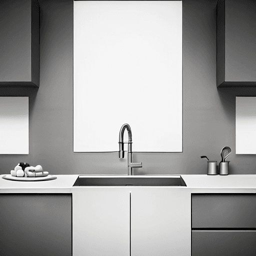 AI generated: photography, minimalist kitchen interior, focusing on a sleek stainless steel sink and modern faucet...
