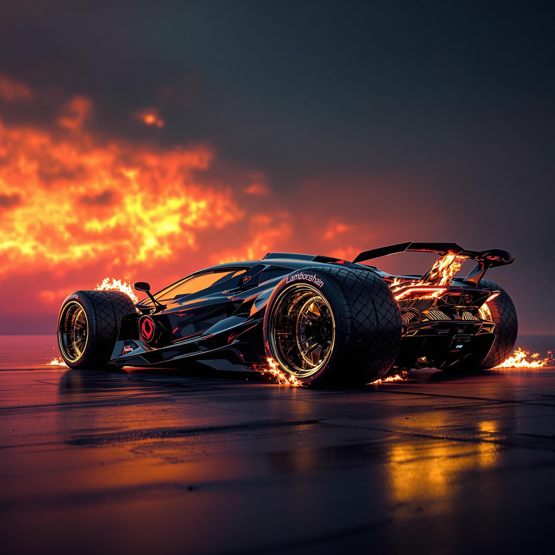 AI generated: side profile view of a shiny black futuristic lamborghini with huge rear tires bigger than the front...