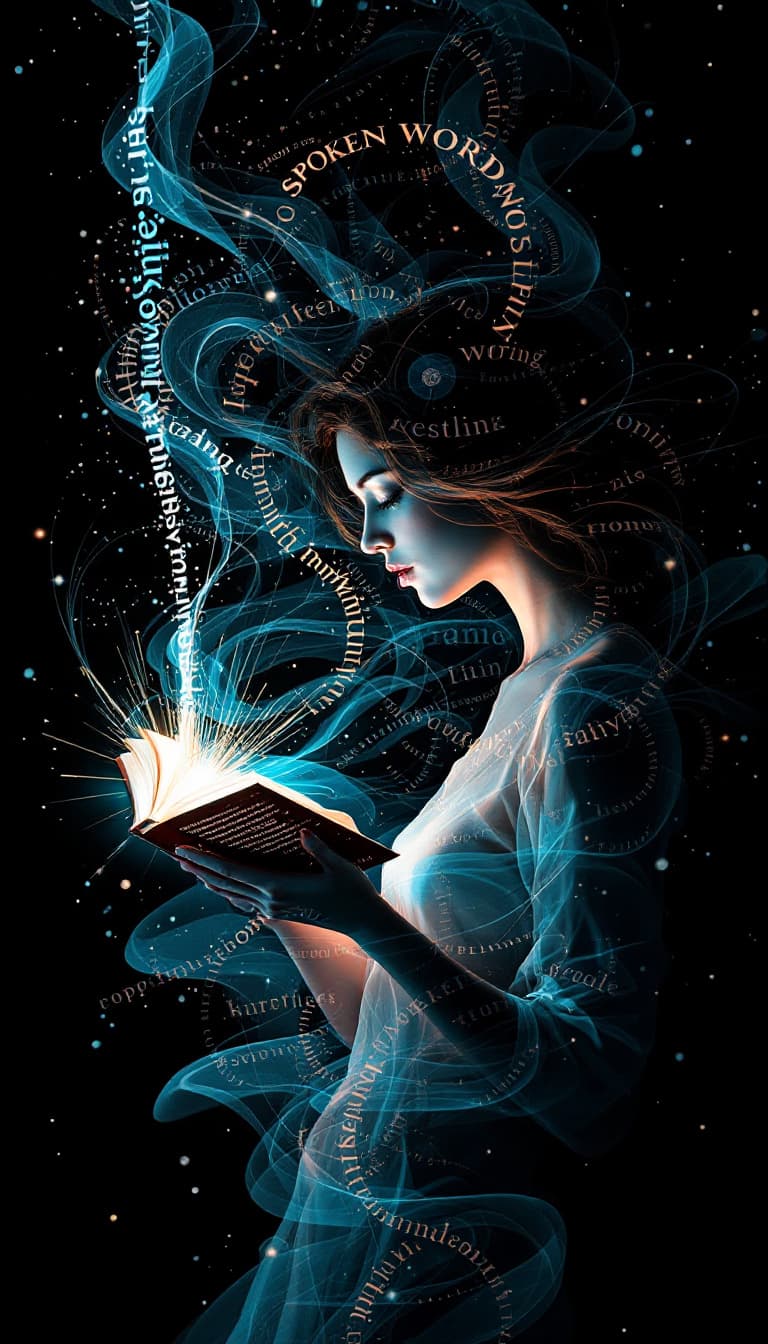 AI generated: Kinetic Typography, Moving Text, Dynamic Forms, Narrative, Woman Holding a Book Opening, Flowing Pos...