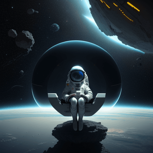 AI generated: illustration, sci-fi concept, small futuristic astronaut sitting at the threshold of a gigantic spac...