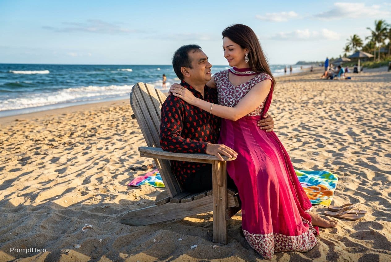AI generated: Make them at a beach sitting in a single chair with the girl sitting on the boys lap