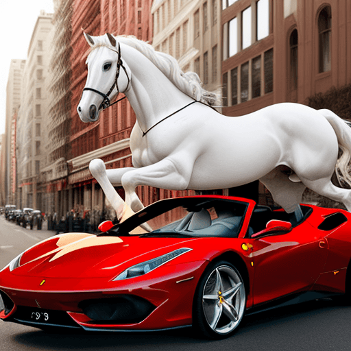 AI generated: white horse riding a red Ferrari in Ney York City