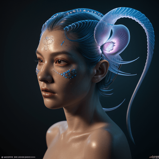 AI generated: Goddess close-up portrait ribcagel. jellyfish phoenix head, nautilus, orchid, skull, betta fish, bio...