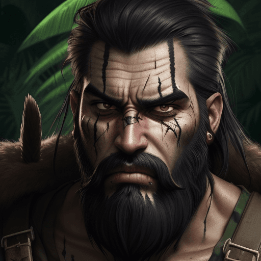 AI generated: MEN, JUNGLE,dark warpaint :: scruffy black beard :: angry expression :: scar on face , 8k