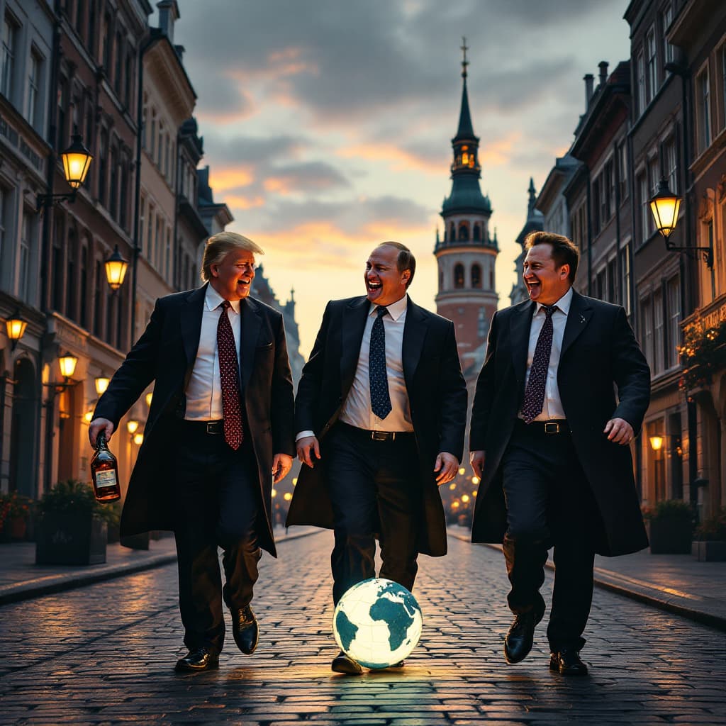 AI generated: Three influential men, Trump, Putin and Musk, in expensive but rumpled suits, roam the cobbled stree...