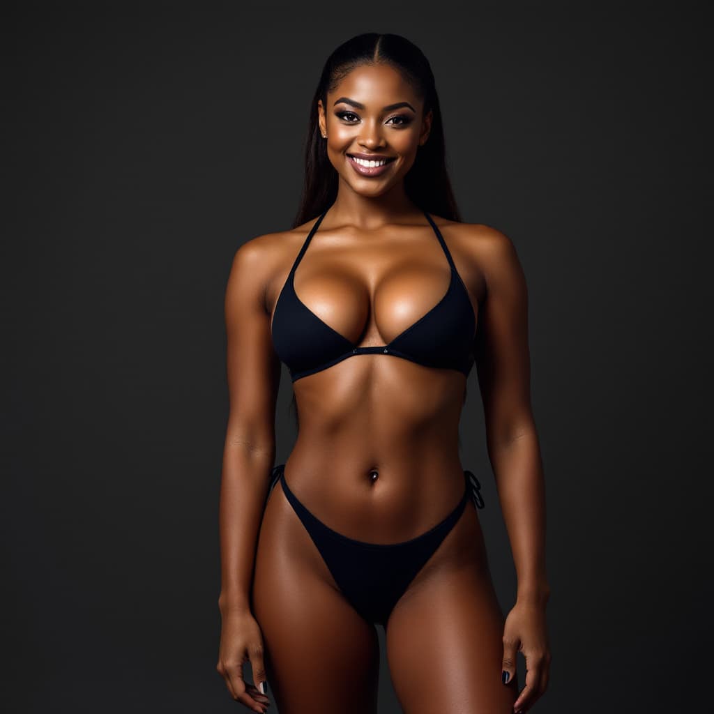 AI generated: a professional photograph of a black woman standing, smiling, and giving a pose into the camera. She...