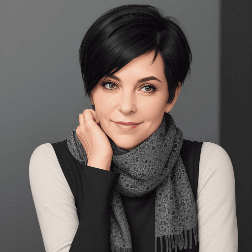 AI generated: A woman wearing a black top and a gray-toned patterned scarf is looking at the camera with her chin ...