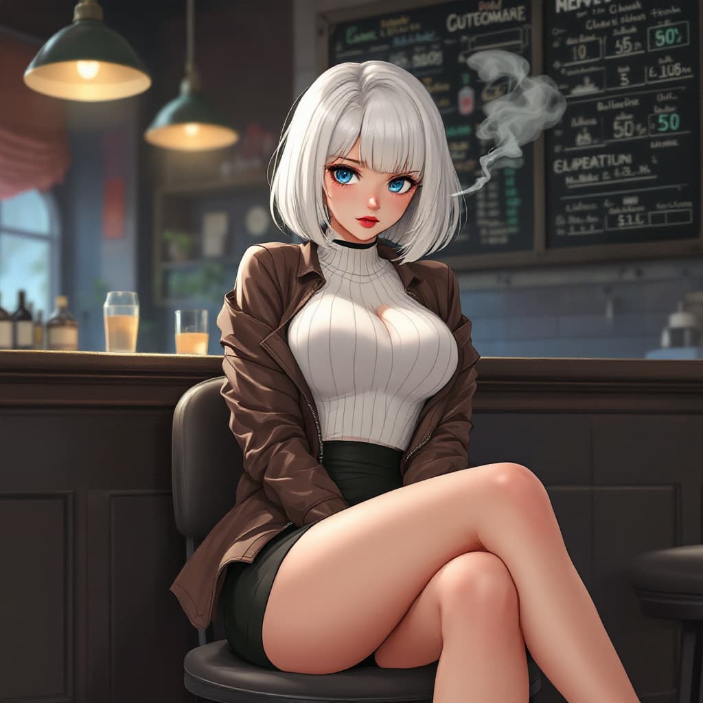 AI generated: anime, woman, white hair, bob cut, blue eyes, freckles, red lips, white sweater, tight sweater, shor...