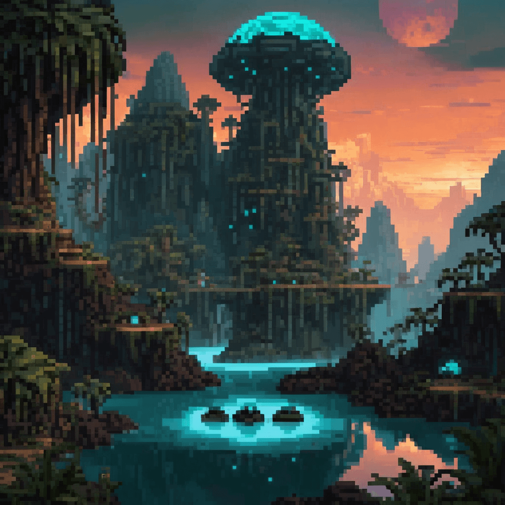 AI generated: Extremely detailed alien landscape, floating islands, clouds, vines, teal and black jungle, glowing ...