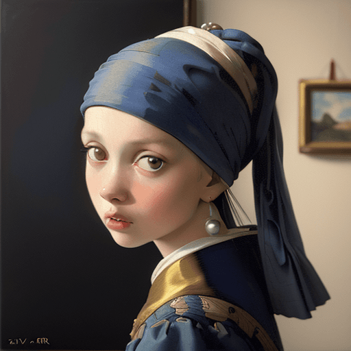 AI generated: girl with pearl earring painting by Vermeer, in the style of appropriation artist, strong facial exp...