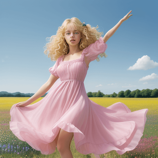 AI generated: a young girl with curly blonde hair and bright blue eyes, wearing a flowy pink silk dress, is dancin...