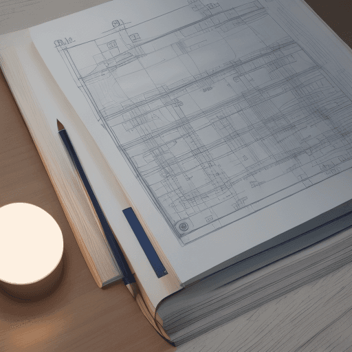 AI generated: design a minimalist logo, with a blueprint outline construction plan, one book and one lamp, use sim...