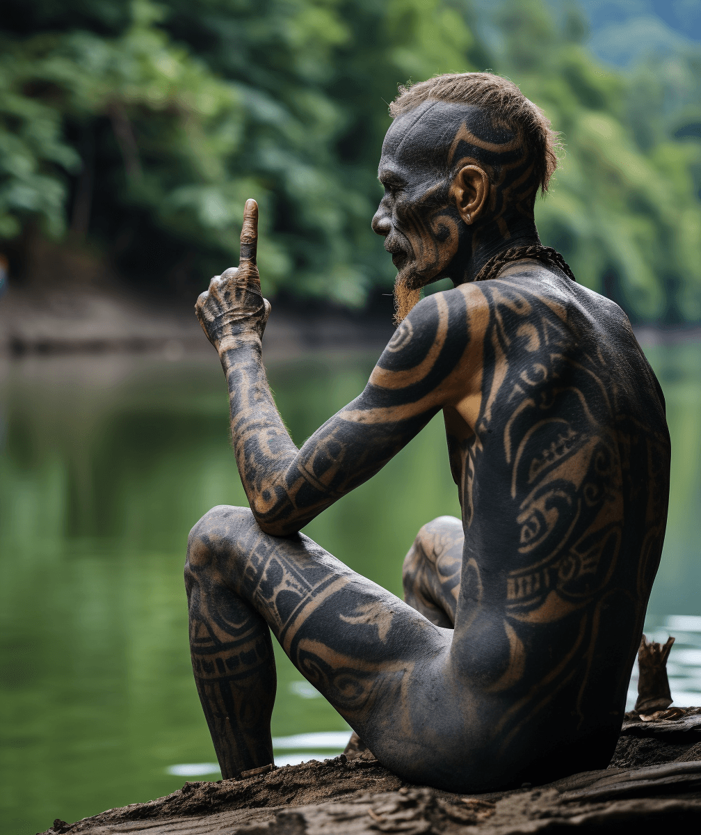AI generated: a man sitting holding his thumb up with his back pointing to the lake, in the style of tondo, dark g...