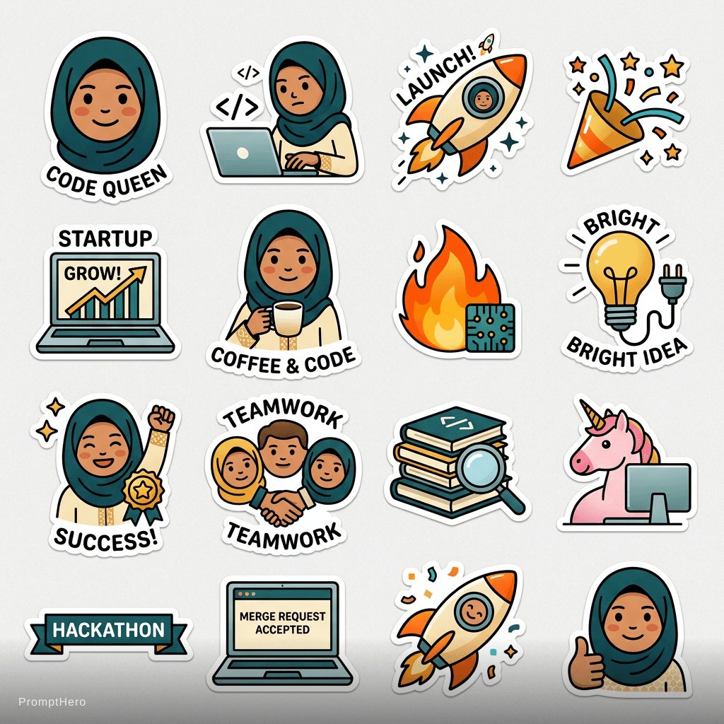 AI generated: tech startup stickers based on the uploaded logo, rocket ships, laptops, celebration emojis, modern ...