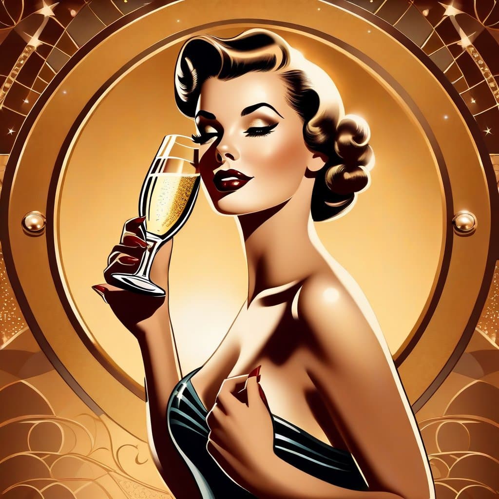 AI generated: retro-scifi pinup girl with a perfect champagne bottle, intricate, detailed, perfect anatomy, ultra ...