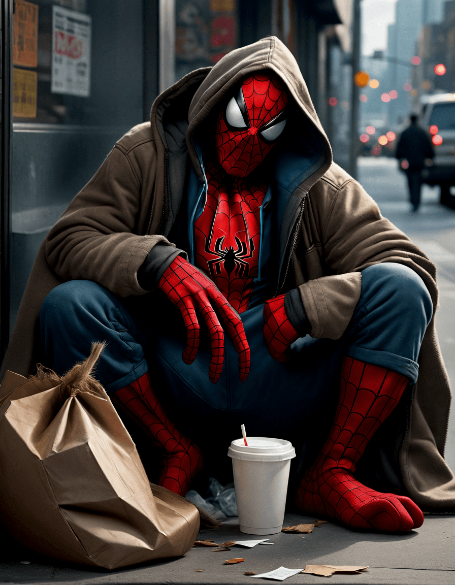 AI generated: The image depicts a homeless and drunken version of Spider-Man sitting on a curb next to a bag of tr...