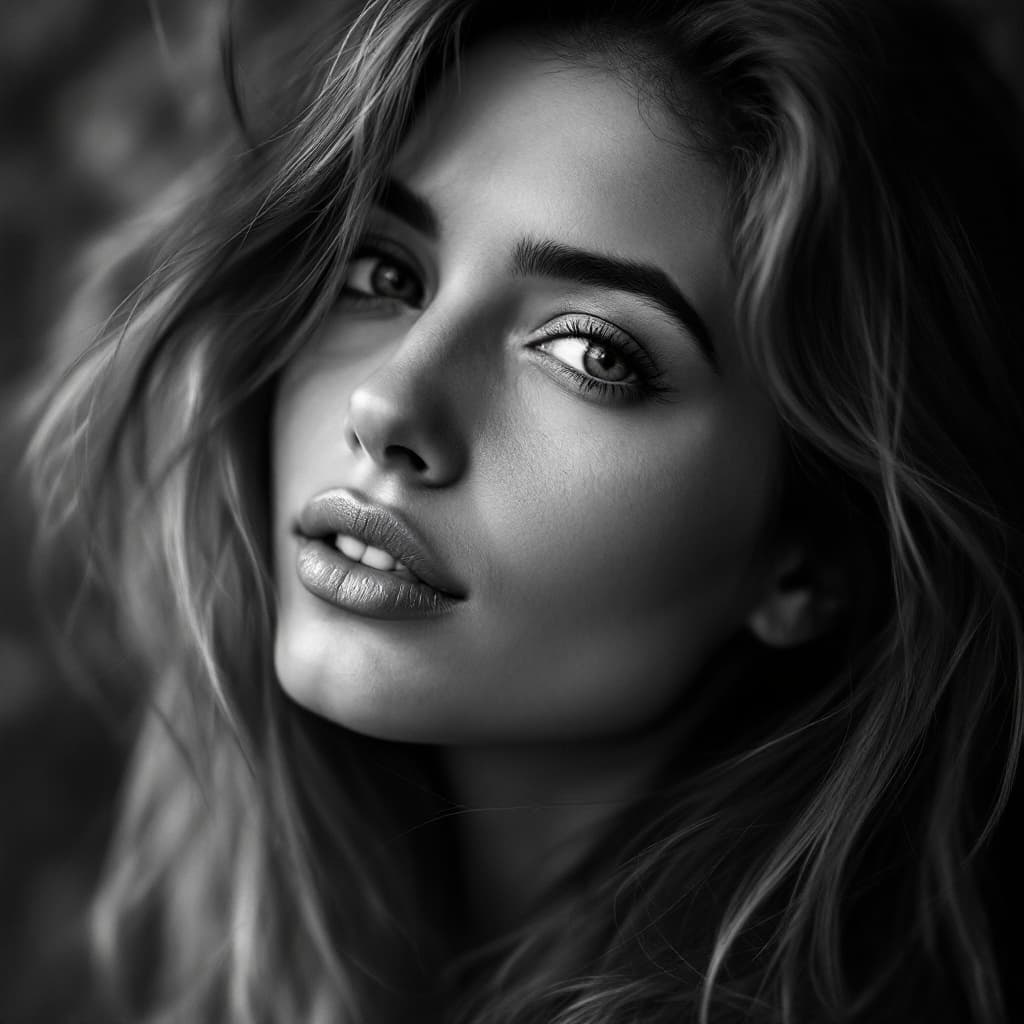 AI generated: Close-up portrait of a woman from Spain, mixed face, no make-up just natural, with long hair, natura...