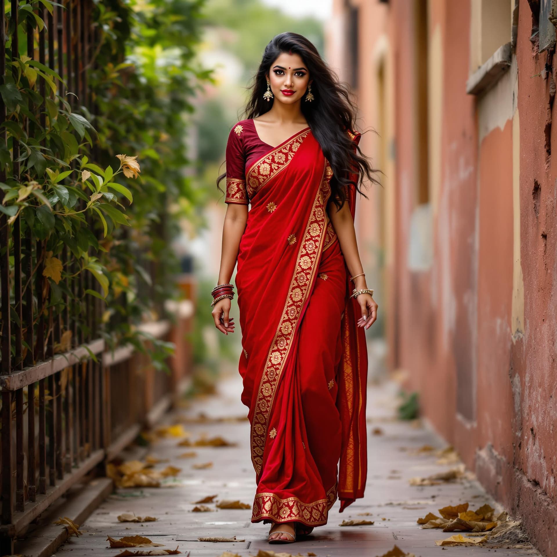 AI generated: a professional photograph of a beautiful young south Indian woman, 24yo, long hair, wearing sexy red...