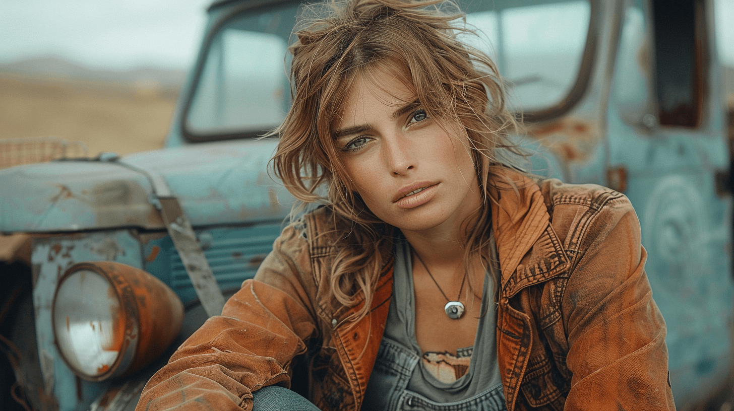 AI generated: A fashion model held hostage in a Mad Max-style post-apocalyptic wasteland surrounded by rusted vehi...