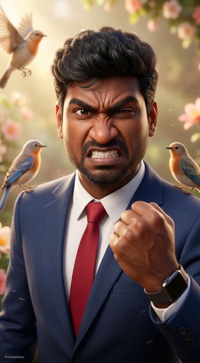 AI generated: a young men in a business suit with a very angry expression, in the style of unreal engine 5, cartoo...
