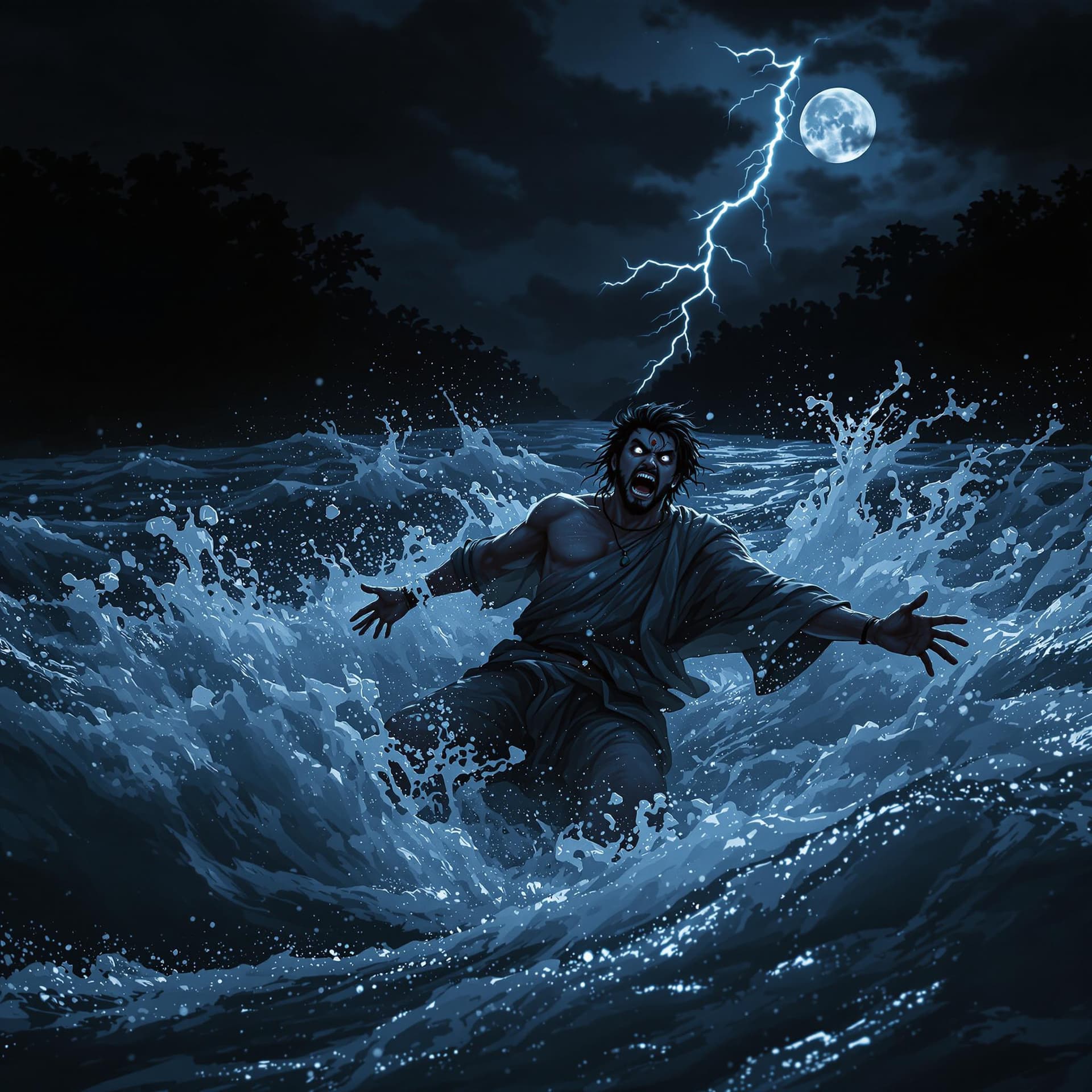 AI generated: The scene is set in the dead of night along a dark, tumultuous river. The moon is partially hidden b...
