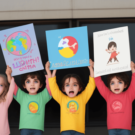 AI generated: I would like 5 animated children, around the world, each of them holding the sign where they mention...