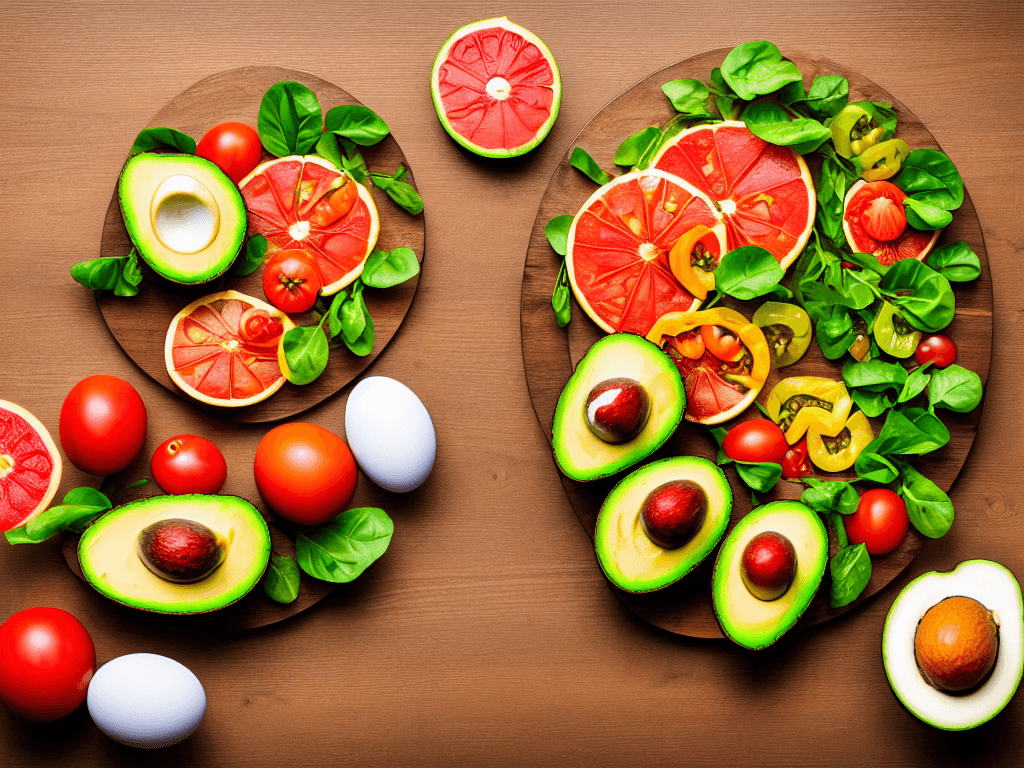 AI generated: very healthy food plate with avocados, tomatoes, eggs, greens, and other healthy food in one long di...